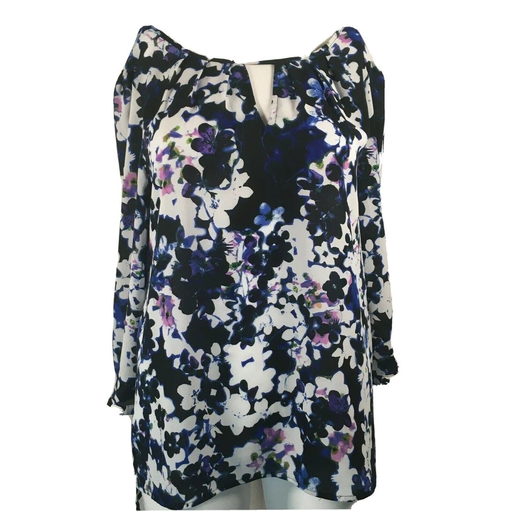 Express Shirt Womens Sz‎ S Navy White Floral Print Tunic Pullover Top Blouse